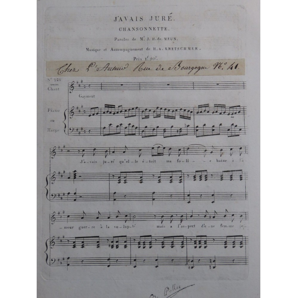 KRETSCHMER H. A. J'avais juré Chant Piano ou Harpe ca1820