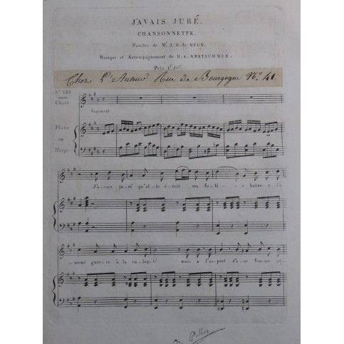 KRETSCHMER H. A. J'avais juré Chant Piano ou Harpe ca1820