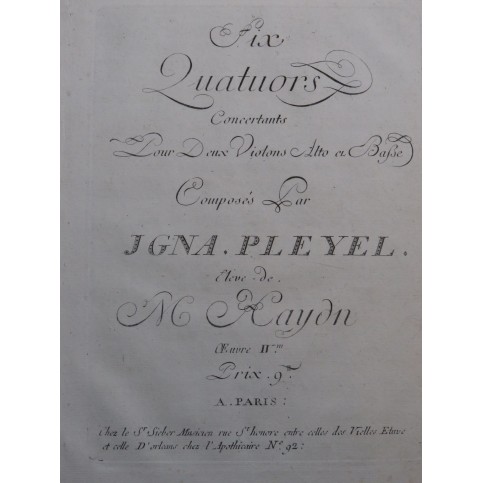 PLEYEL Ignace Six Quatuors op 2 Alto ca1800