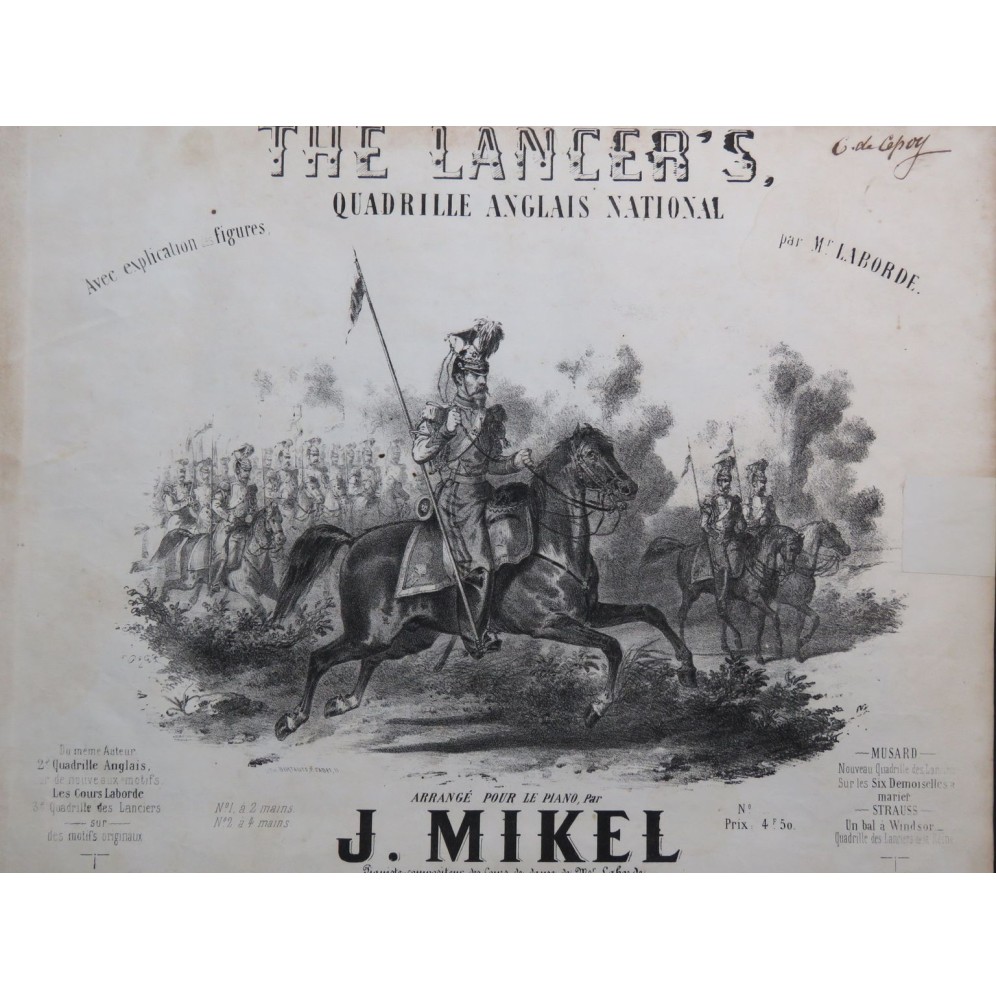 MIKEL J. The Lancer's Quadrille Anglais Danse Piano ca1858