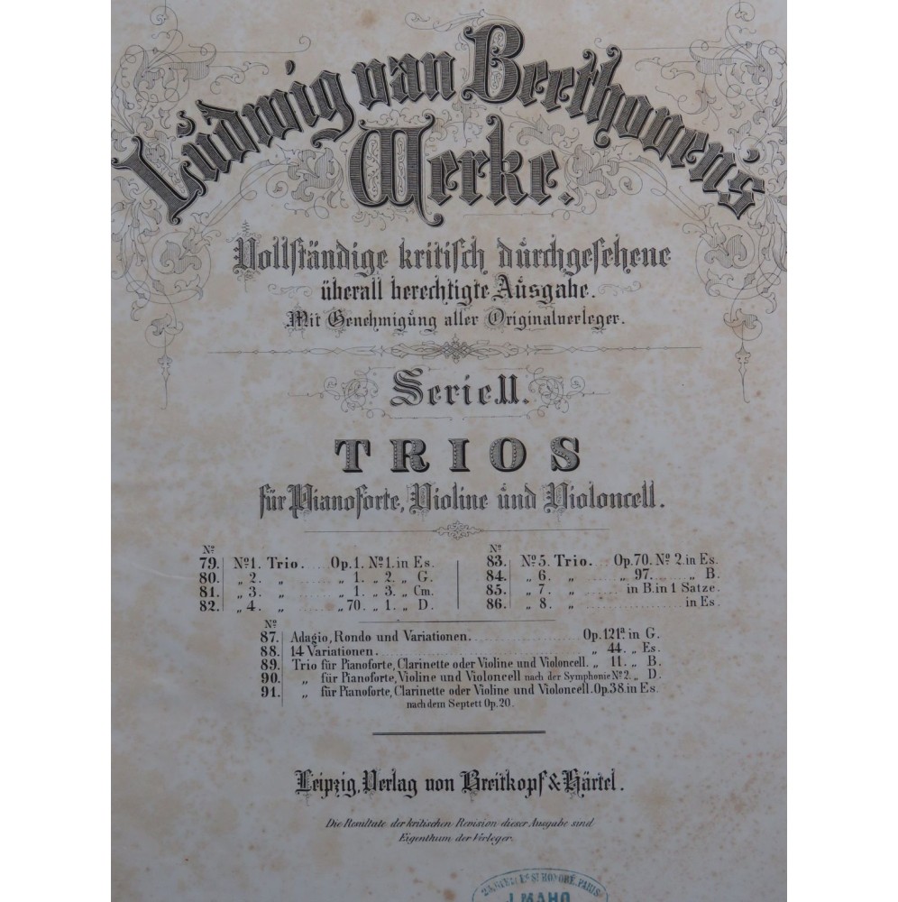 BEETHOVEN Trios Piano Violon Violoncelle ca1860