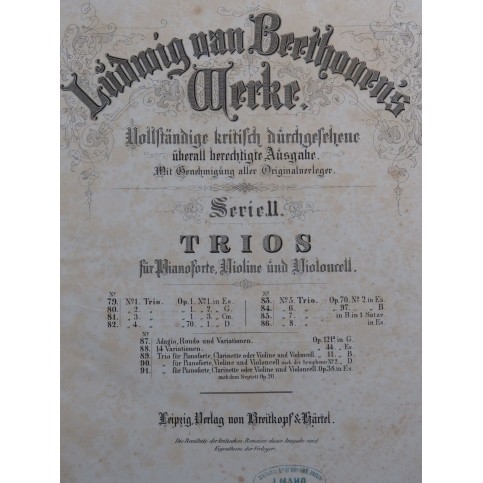 BEETHOVEN Trios Piano Violon Violoncelle ca1860