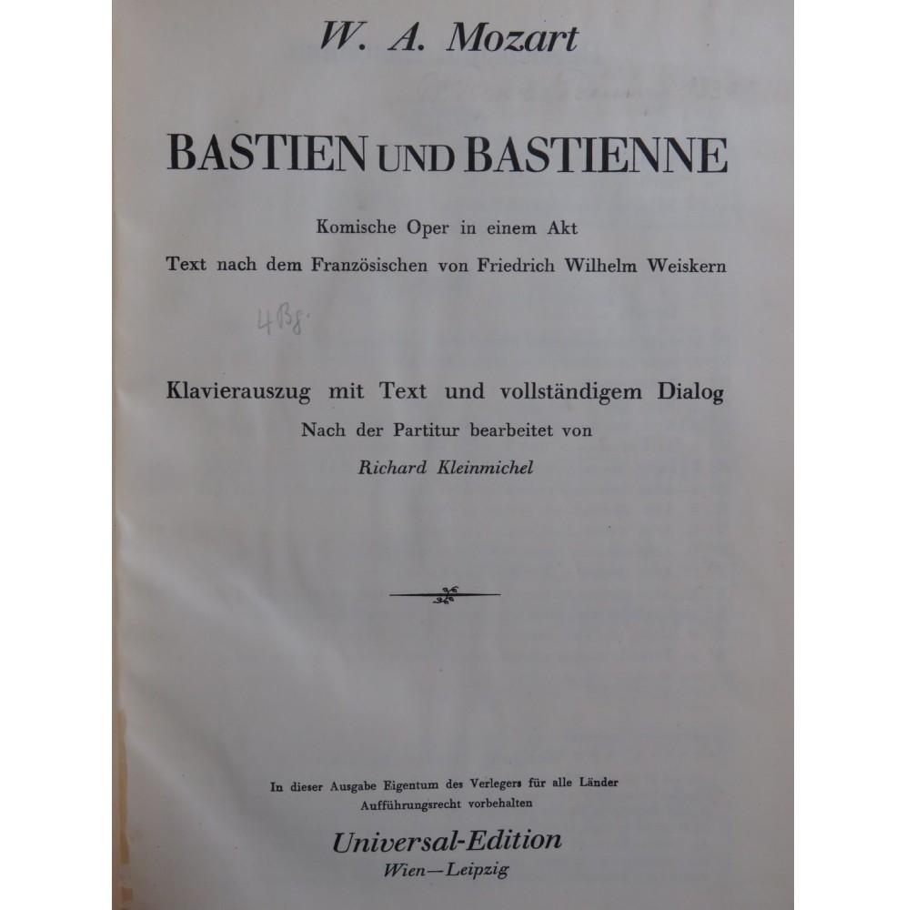 MOZART W. A. Bastien und Bastienne Opéra Chant Piano