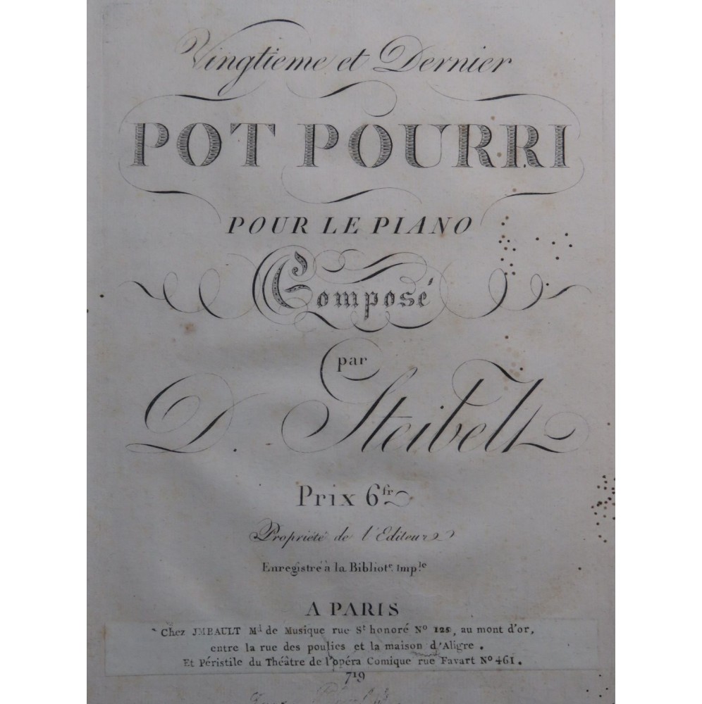 STEIBELT Daniel Pot Pourri No 20 pour Piano ca1805