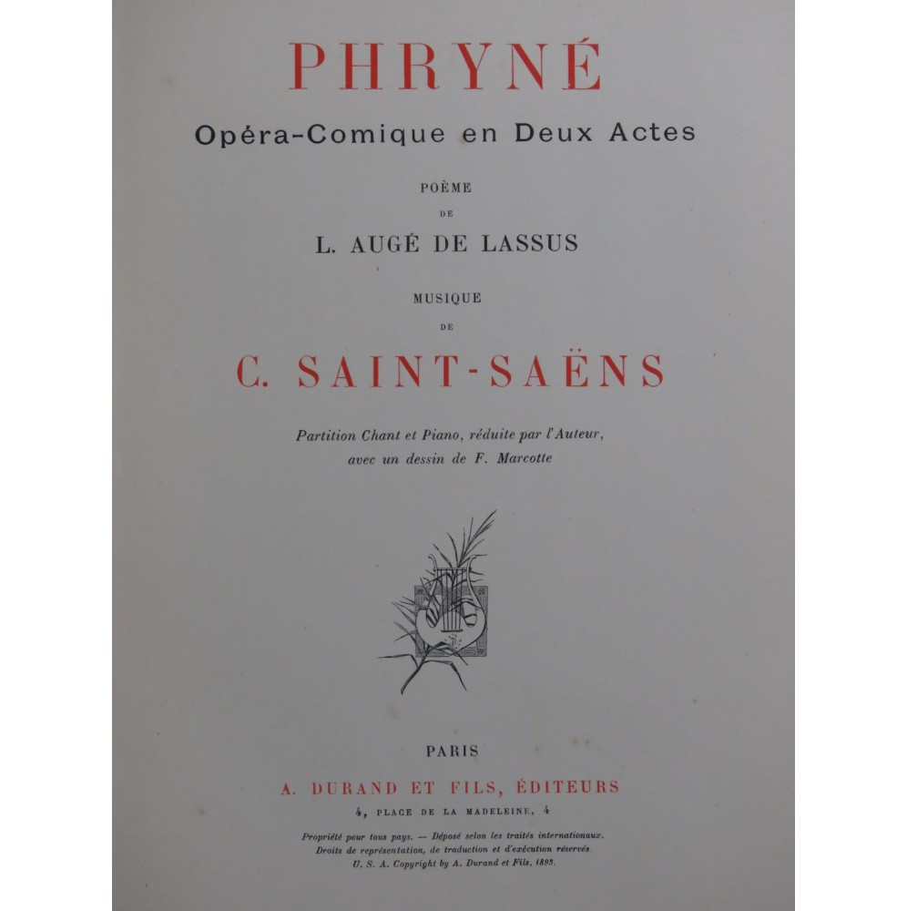 SAINT-SAËNS Camille Phryné Opera Chant Piano 1893