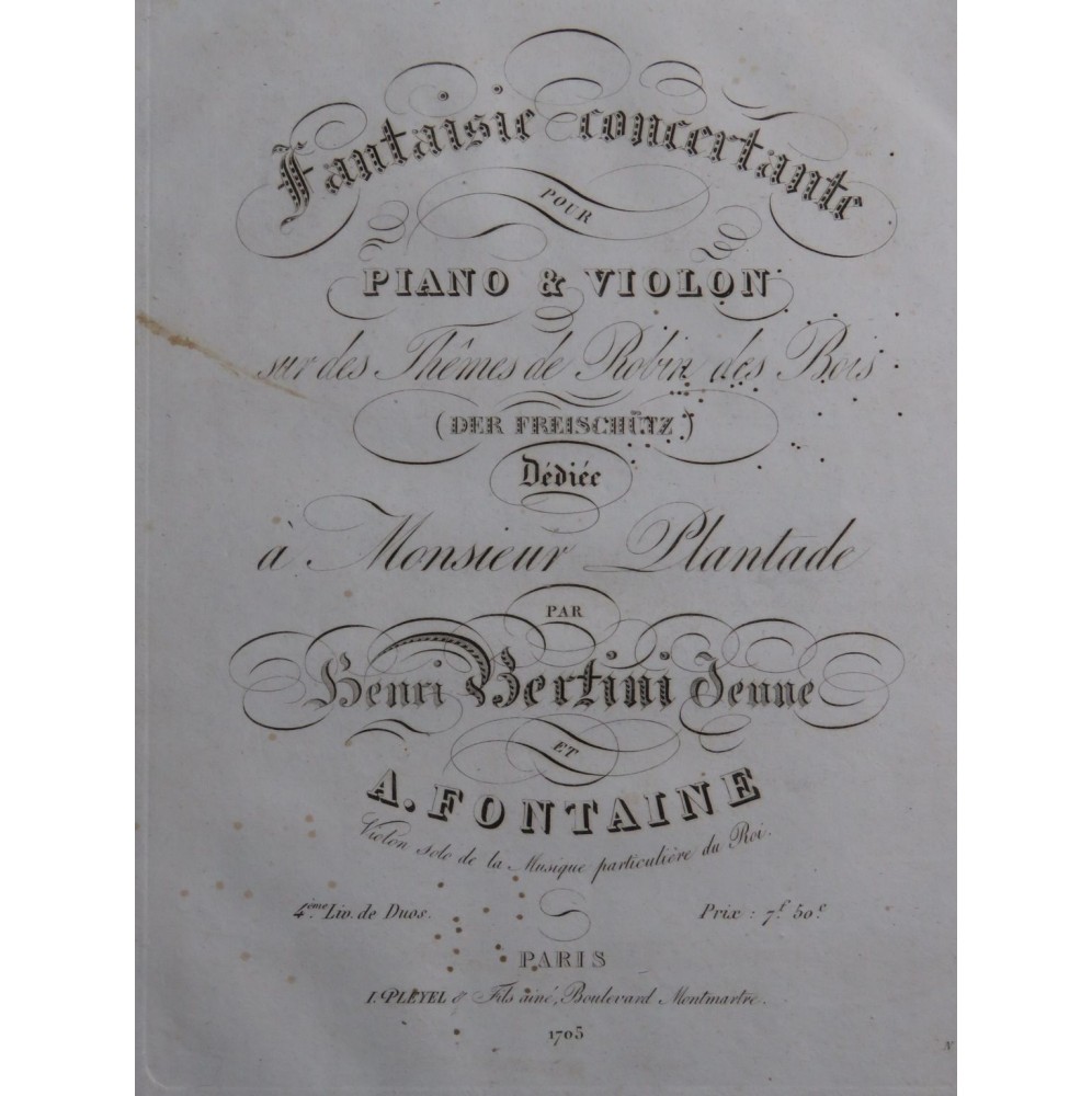 BERTINI Henri FONTAINE A. Fantaisie Der Freischütz Piano Violon ca1825