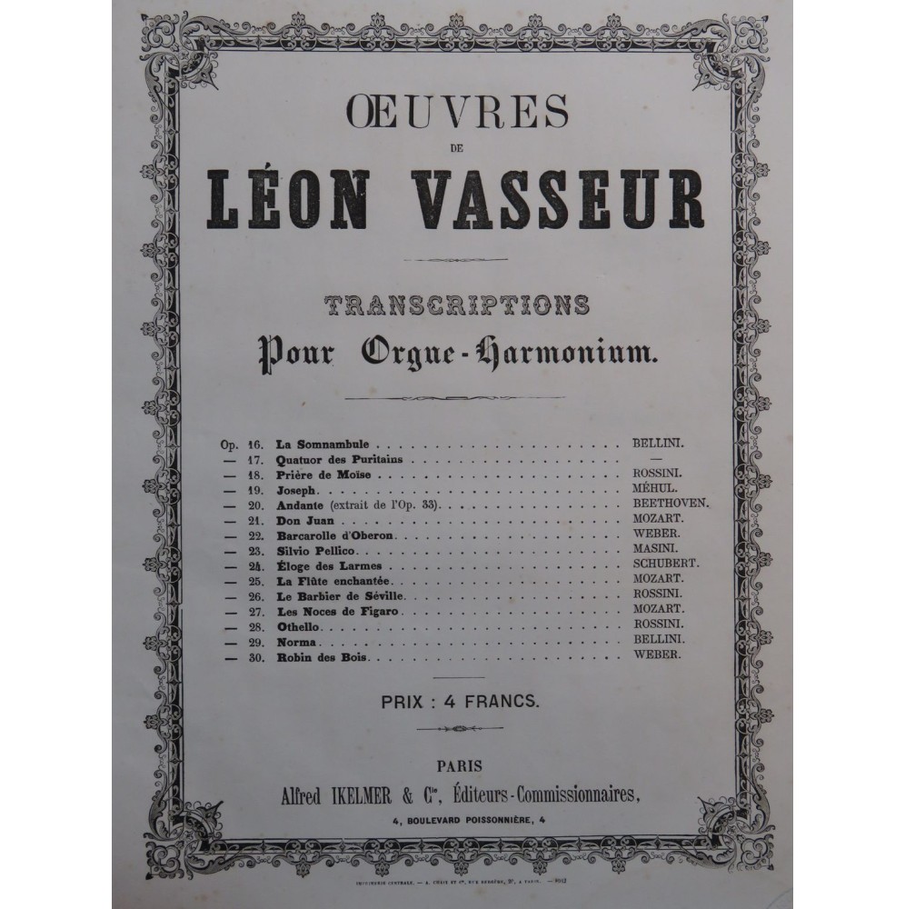 VASSEUR Léon Barcarolle d'Obéron de Weber Orgue Harmonium ca1867