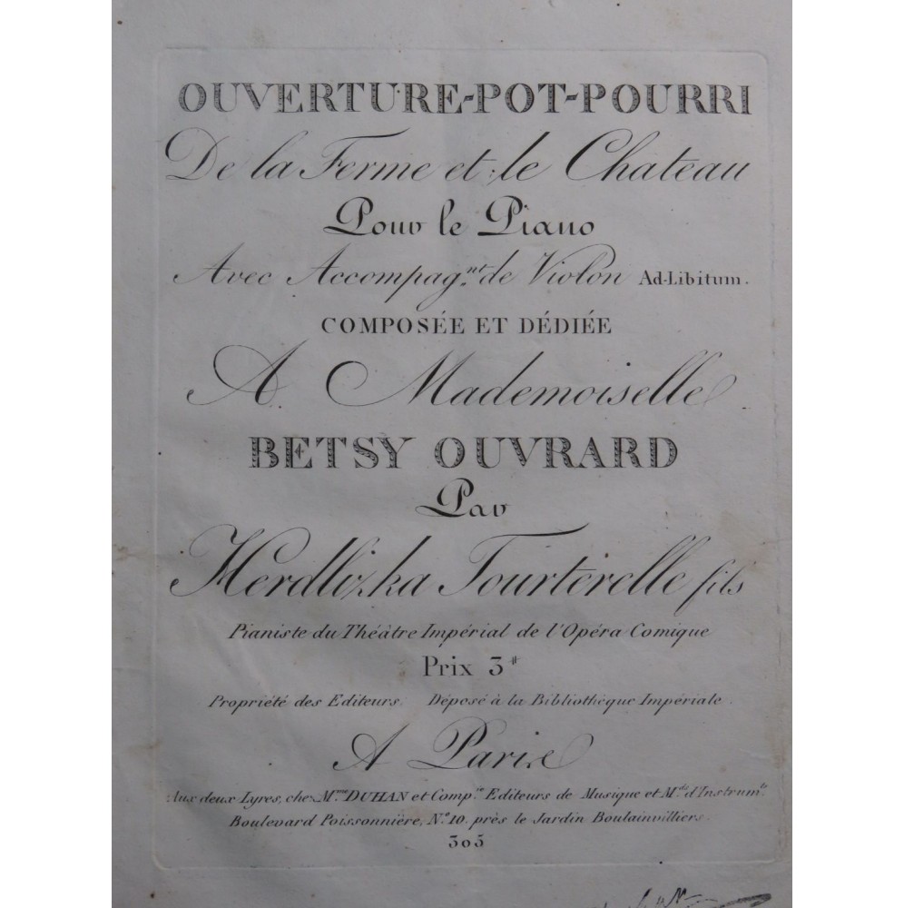 HERDLIZKA TOURTERELLE Ouverture La Ferme et le Château Piano ca1800