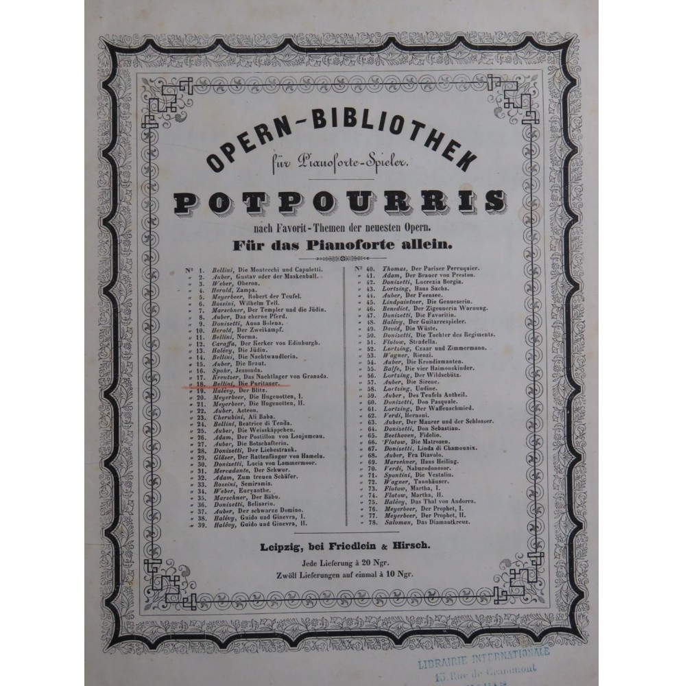 BELLINI Vincenzo Die Puritaner Pot-pourri Piano ca1850
