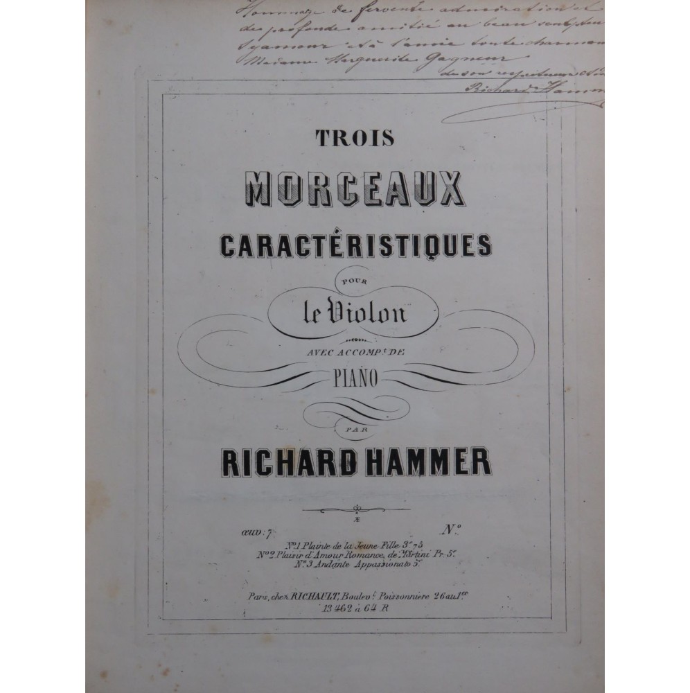 HAMMER Richard Andante Appassionato Dédicace Piano Violon ca1860
