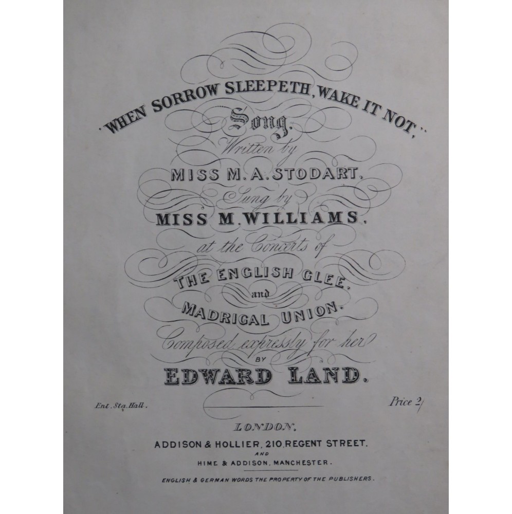LAND Edward When Sorrow Sleepeth Wake it not Piano ca1851