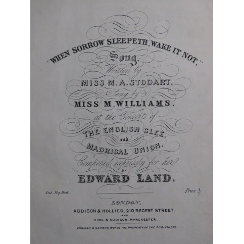 LAND Edward When Sorrow Sleepeth Wake it not Piano ca1851