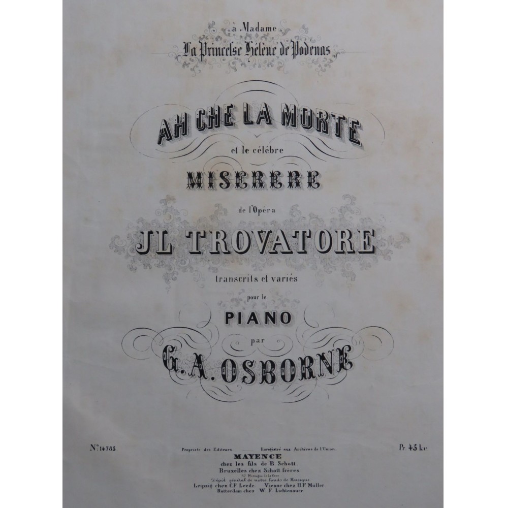 OSBORNE G. A. Ah Che la Morte Miserere Il Trovatore Piano ca1860