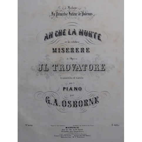 OSBORNE G. A. Ah Che la Morte Miserere Il Trovatore Piano ca1860