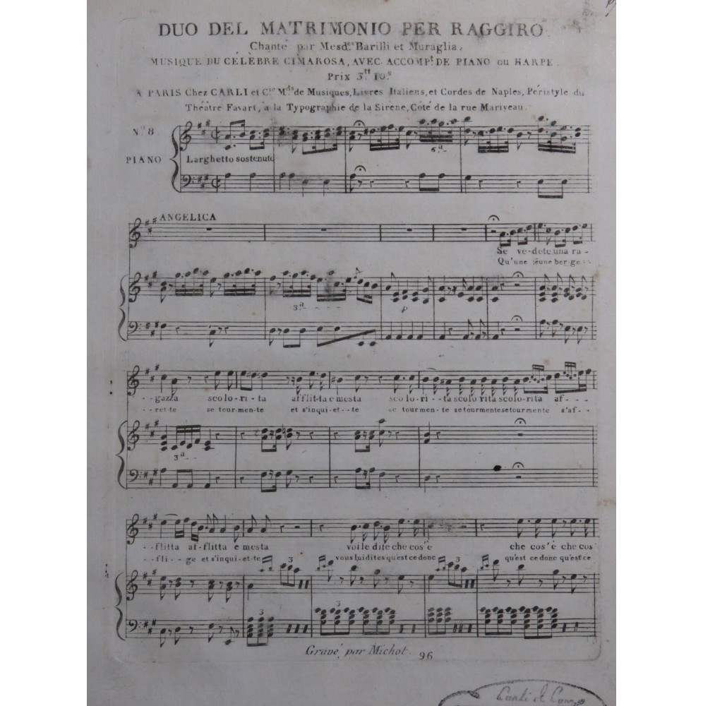 CIMAROSA Domenico Il Matrimonio Segreto No 8 Duo Chant Piano ou Harpe ca1810