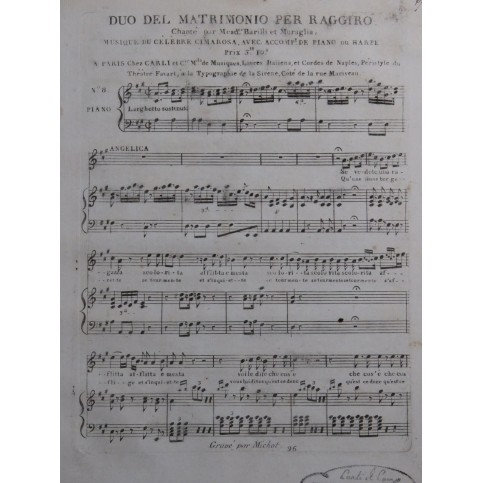 CIMAROSA Domenico Il Matrimonio Segreto No 8 Duo Chant Piano ou Harpe ca1810