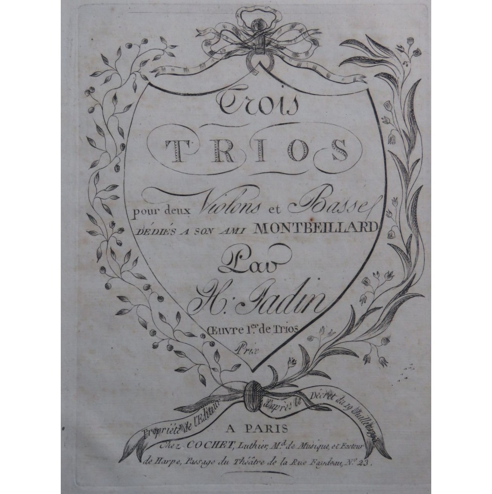 JADIN Hyacinthe Trois Trios op 1 Violoncelle ca1790