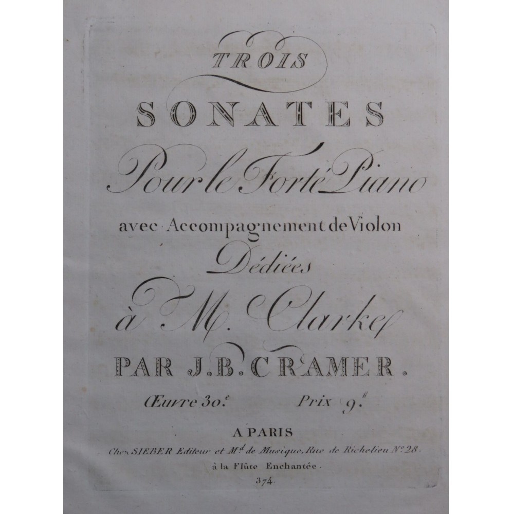 CRAMER J. B. Trois Sonates op 30 Violon ca1790