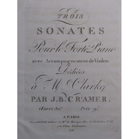 CRAMER J. B. Trois Sonates op 30 Violon ca1790