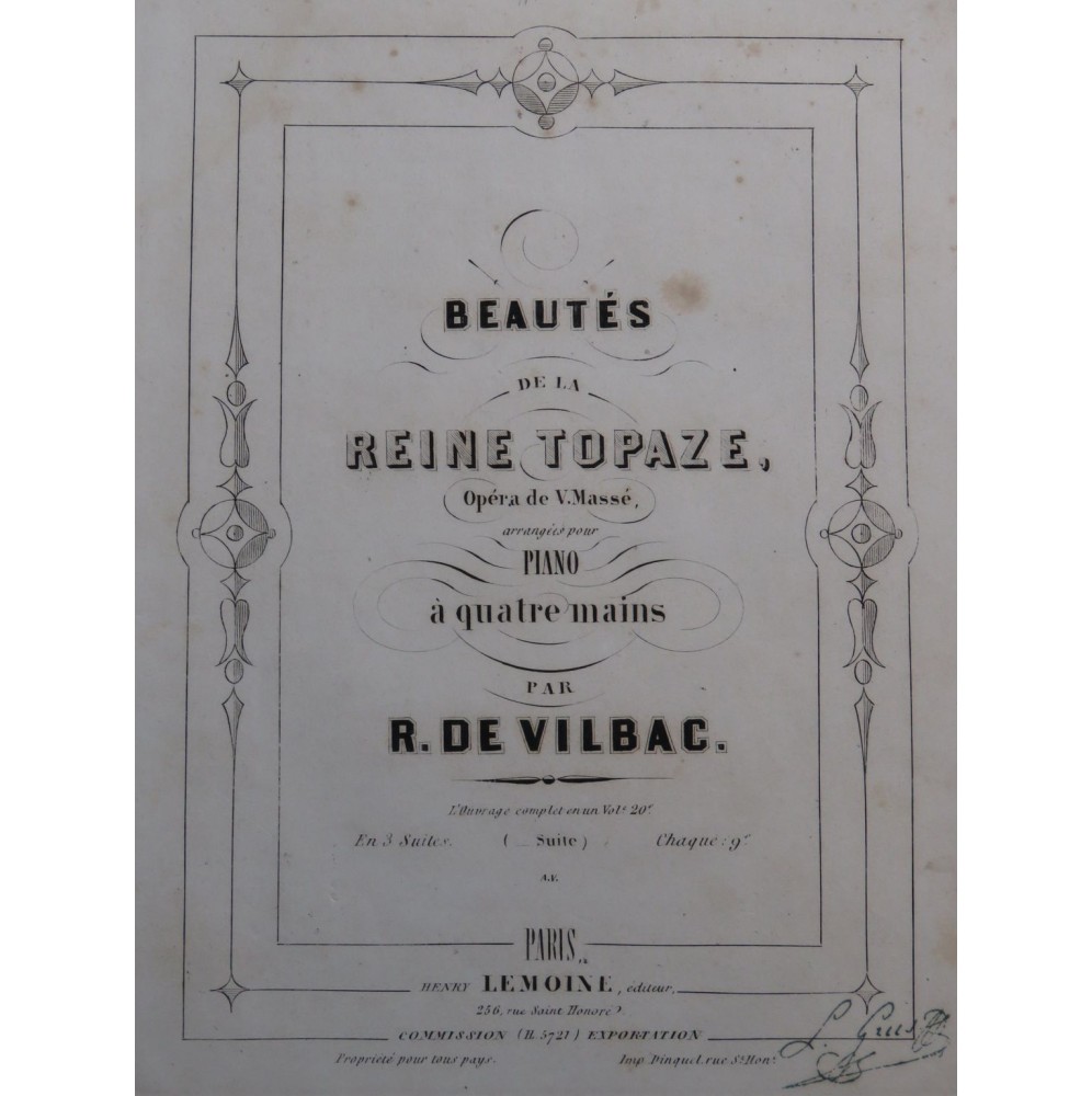 DE VILBAC Renaud Beautés de la Reine Topaze 1ère Suite Piano 4 mains ca1860