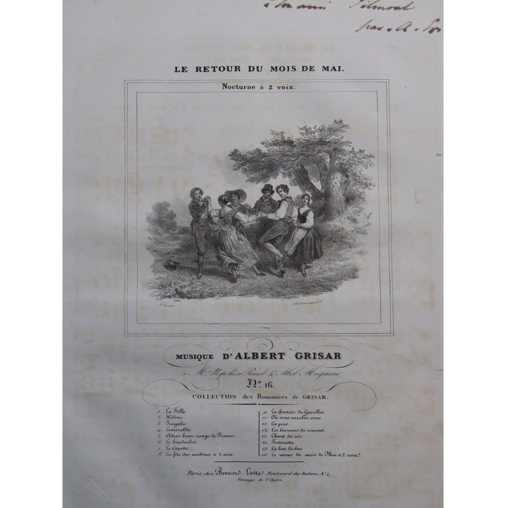 GRISAR Albert Le Retour du Mois de Mai Dédicace Chant Piano ca1840
