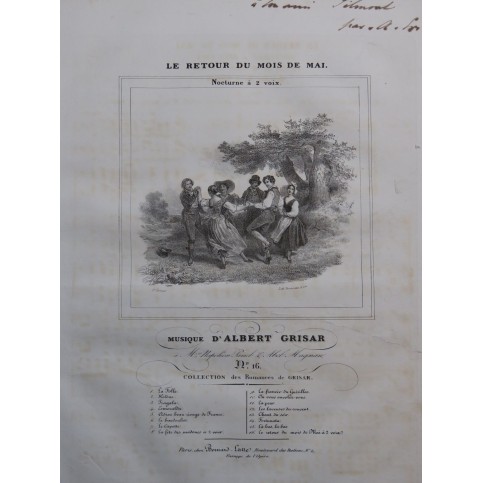 GRISAR Albert Le Retour du Mois de Mai Dédicace Chant Piano ca1840