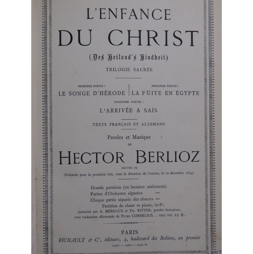 BERLIOZ Hector L'Enfance du Christ Chant Piano ca1895
