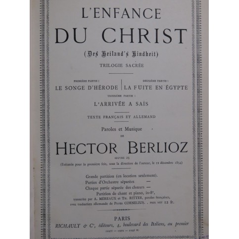 BERLIOZ Hector L'Enfance du Christ Chant Piano ca1895