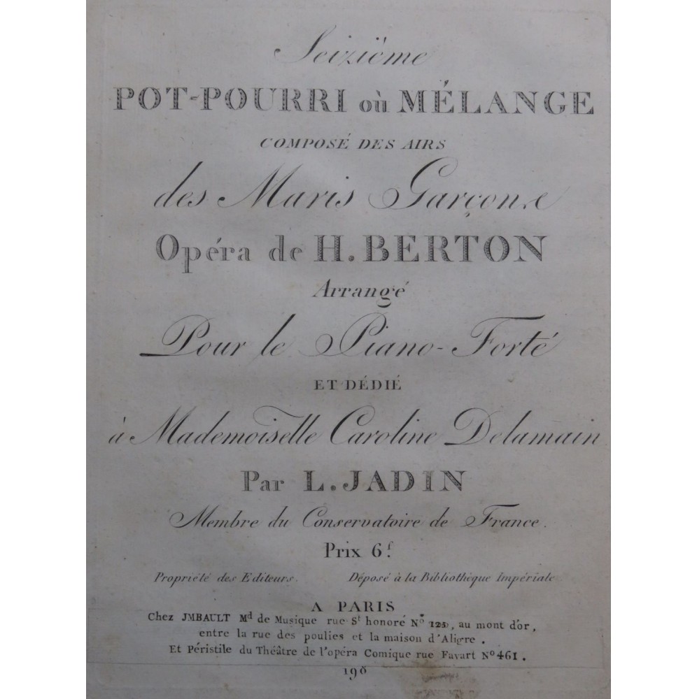 JADIN Louis Pot-pourri No 16 Les Maris Garçons Piano ca1810