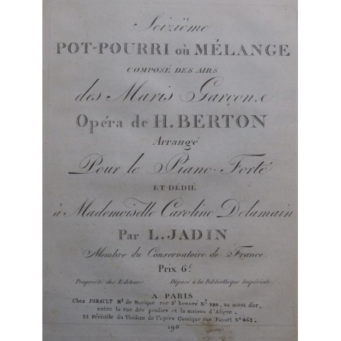 JADIN Louis Pot-pourri No 16 Les Maris Garçons Piano ca1810
