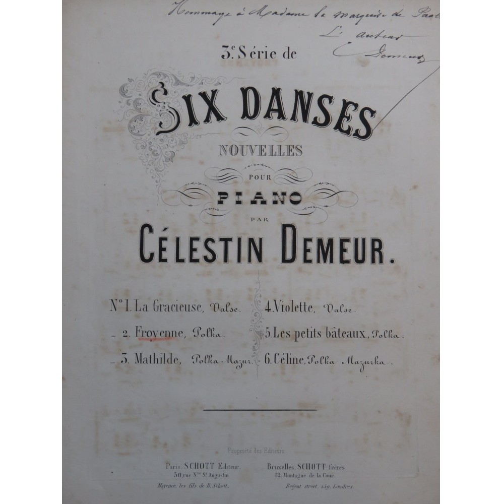 DEMEUR Célestin Froyenne op 58 Dédicace Piano ca1860