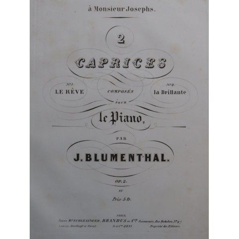 BLUMENTHAL Jacques Deux Caprices op 2 Piano ca1848