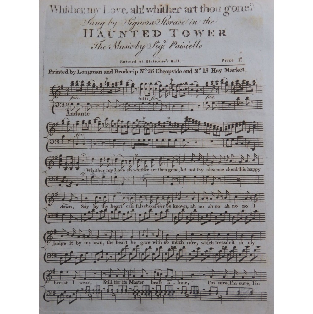 PAISIELLO Giovanni Whither my Love Chant Piano Flûtes ca1798