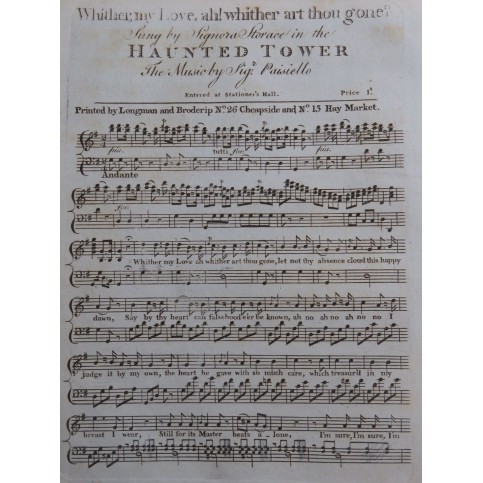 PAISIELLO Giovanni Whither my Love Chant Piano Flûtes ca1798