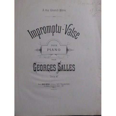 SALLES Georges Impromptu Valse Dédicace Piano ca1900