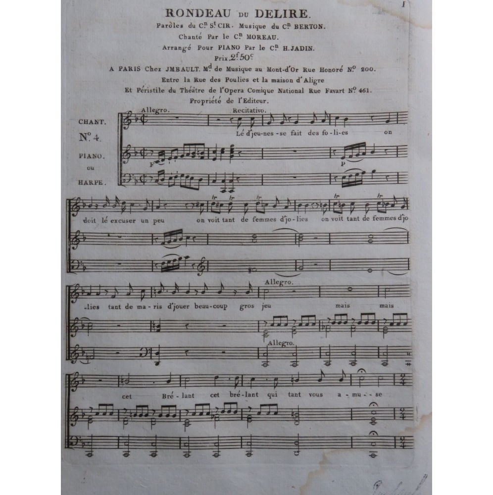 BERTON H. Rondeau du Délire Chant Piano ou Harpe ca1810