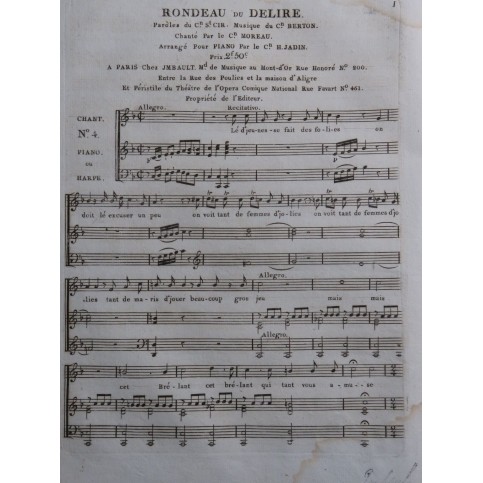BERTON H. Rondeau du Délire Chant Piano ou Harpe ca1810