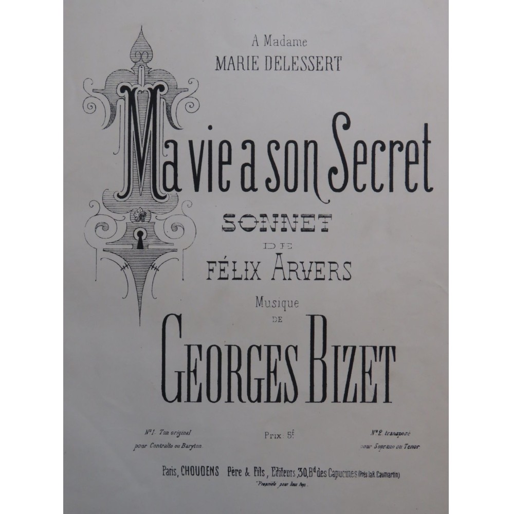 BIZET Georges Ma Vie A Son Secret Chant Piano ca1880
