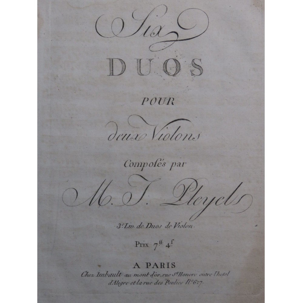 PLEYEL Ignace Six Duos 3e Livre B.519-524 2e Violon ca1790