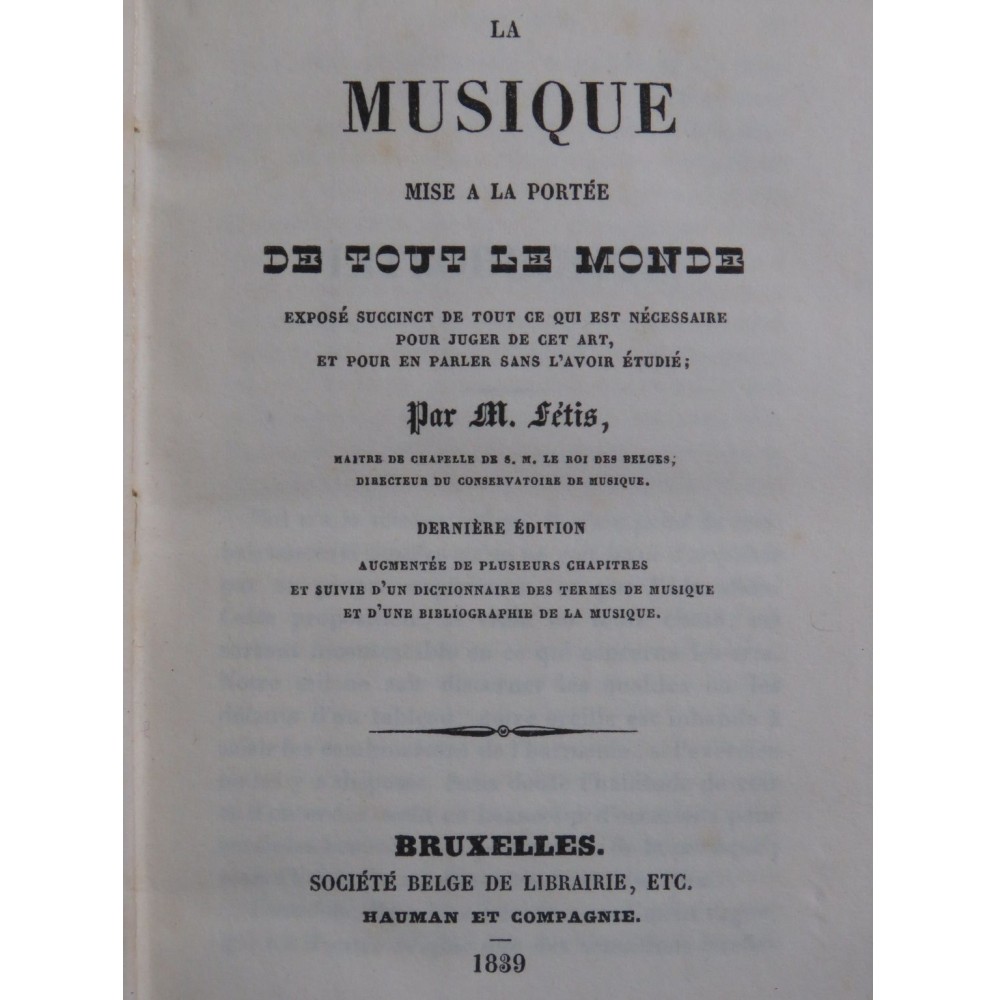 FÉTIS François-Joseph La Musique mise à la Portée de tout le monde 1839