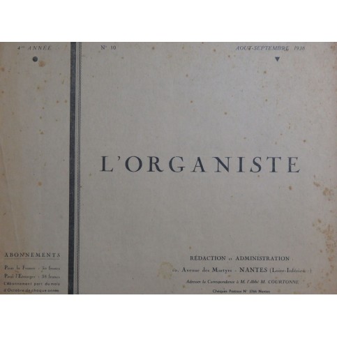 L'Organiste 4e Année No 10 Plum Delaunay Orgue 1938