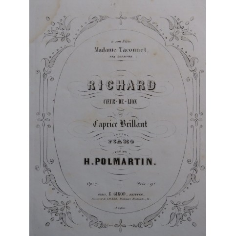 POLMARTIN H. Richard Coeur de Lion op 7 Piano ca1857