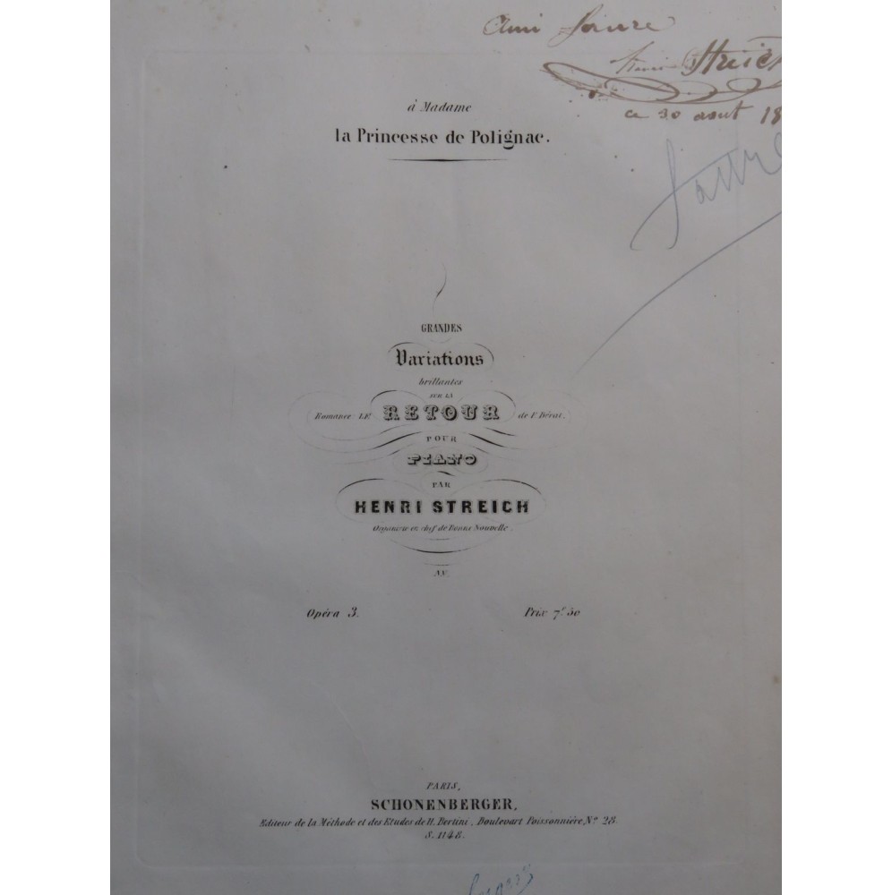 STREICH Henri Variations Le Retour Bérat op 3 Dédicace Piano ca1840