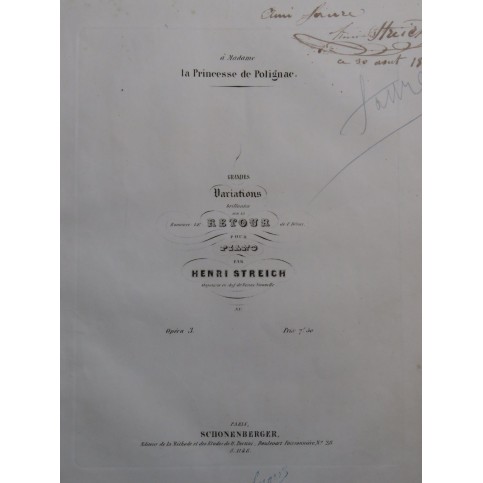 STREICH Henri Variations Le Retour Bérat op 3 Dédicace Piano ca1840