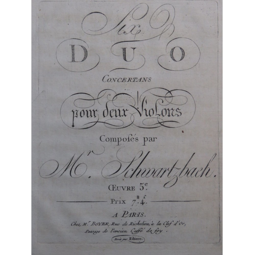 SCHWARTZBACH Antoine François Joseph Six Duos op 5 2e Violon ca1790