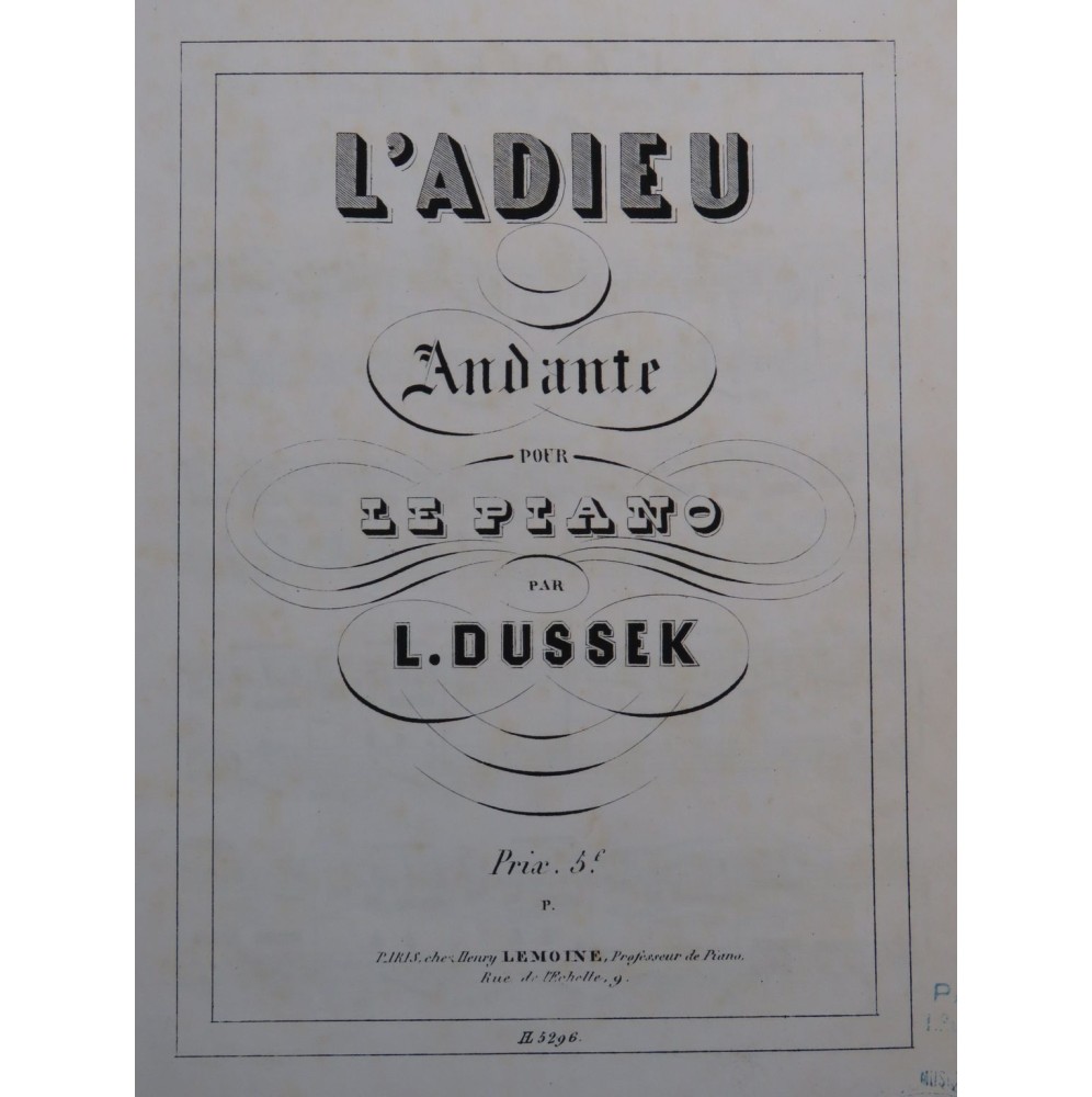 DUSSEK J. L. L'adieu Piano ca1860