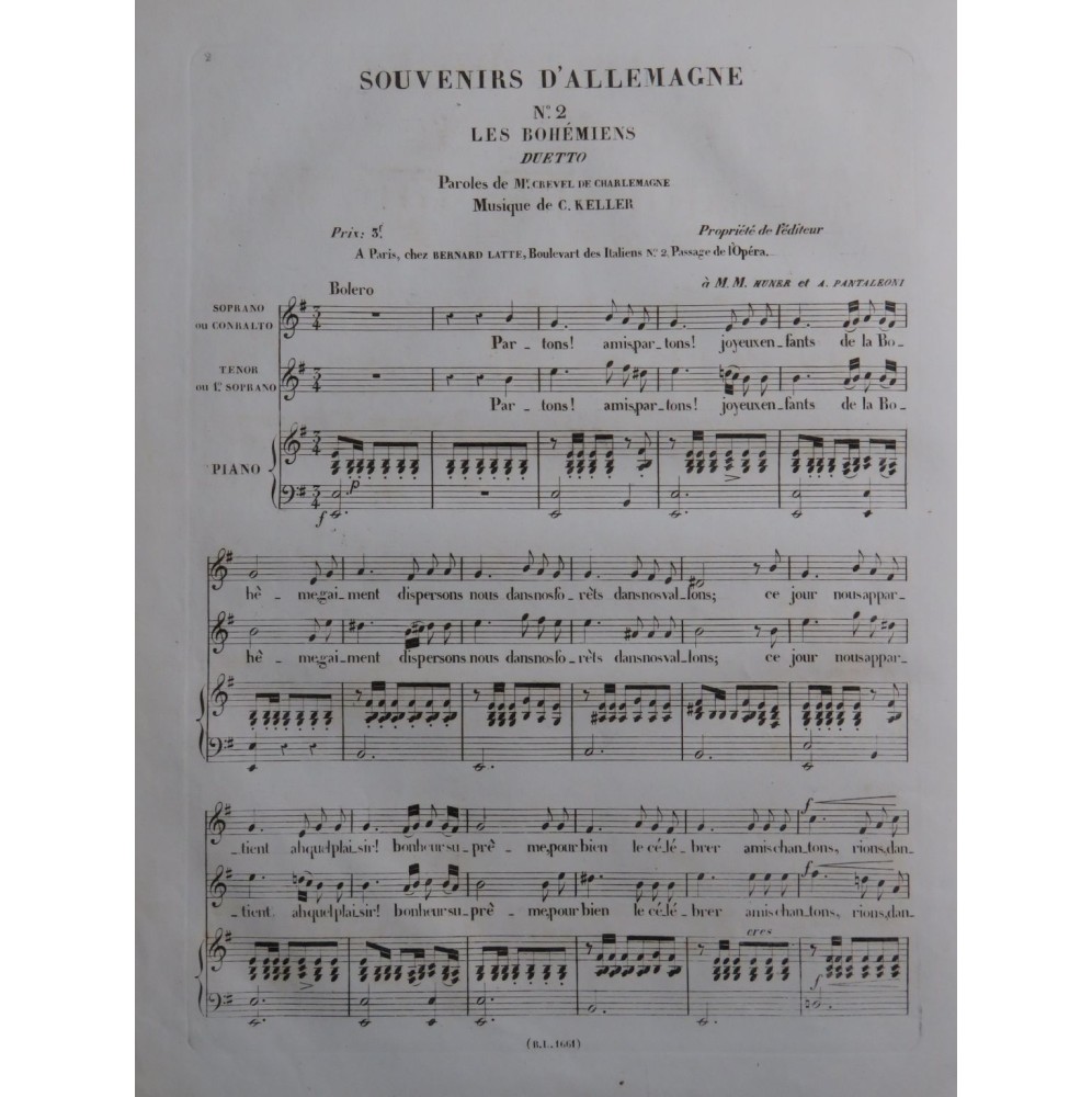 KELLER C. Souvenirs d'Allemagne No 2 Chant Piano ca1840