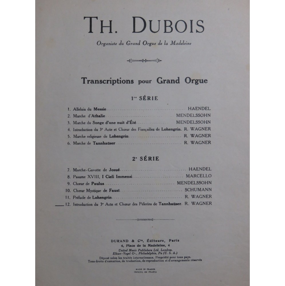 DUBOIS Théodore Introduction du 3e Acte Wagner Orgue 1949