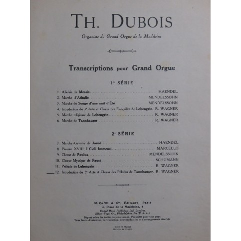 DUBOIS Théodore Introduction du 3e Acte Wagner Orgue 1949