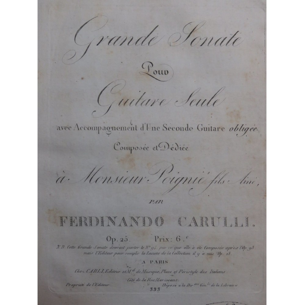 CARULLI Ferdinando Grande Sonate op 25 Guitare 1811